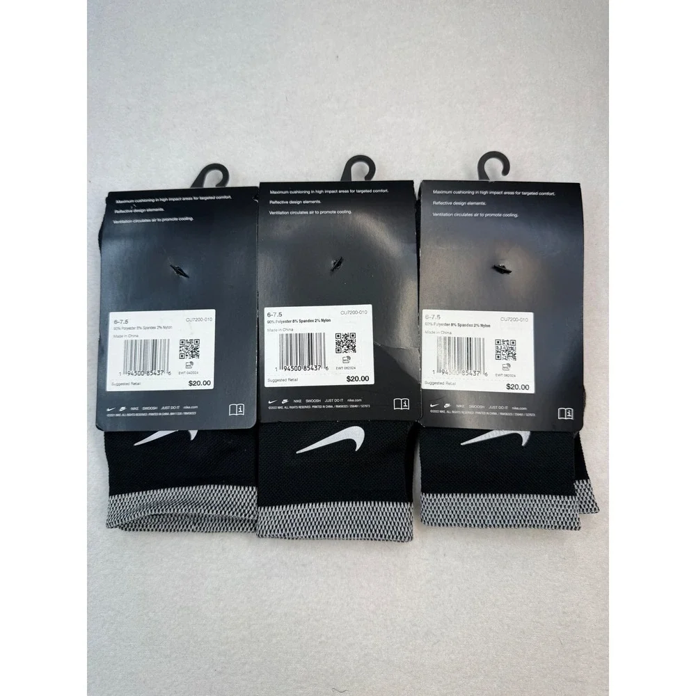 3 Pair Nike Spark Running Crew Socks Black Reflective Cushioned M 6-7.5 W 7.5-9